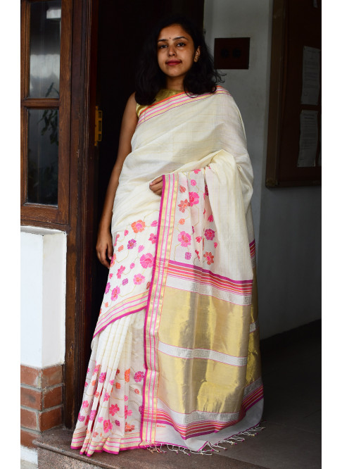 Off-White, Handwoven Organic Cotton, Textured Weave , Jacquard Handpicked, Festive Wear, Jari Saree